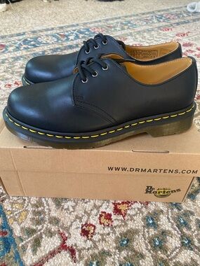 Dr. Martens Black Leather 3-Eye Derby Shoes with Yellow Stitching